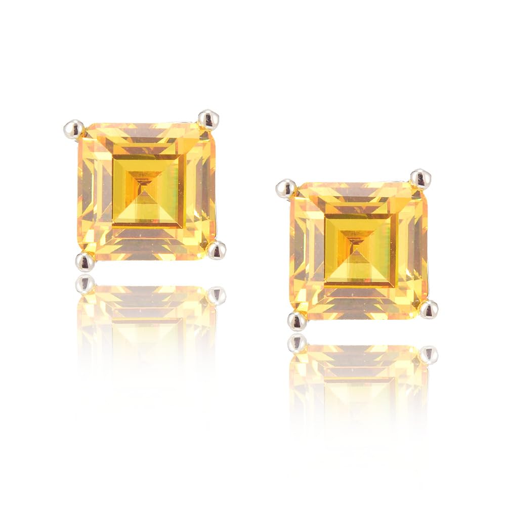 [RIZILIA CLASSIC] Stud Pierced Earrings with Square Emerald Cut Gemstones CZ [Multi-Colors available] in 18K White Gold Plated, Simple Modern Elegant