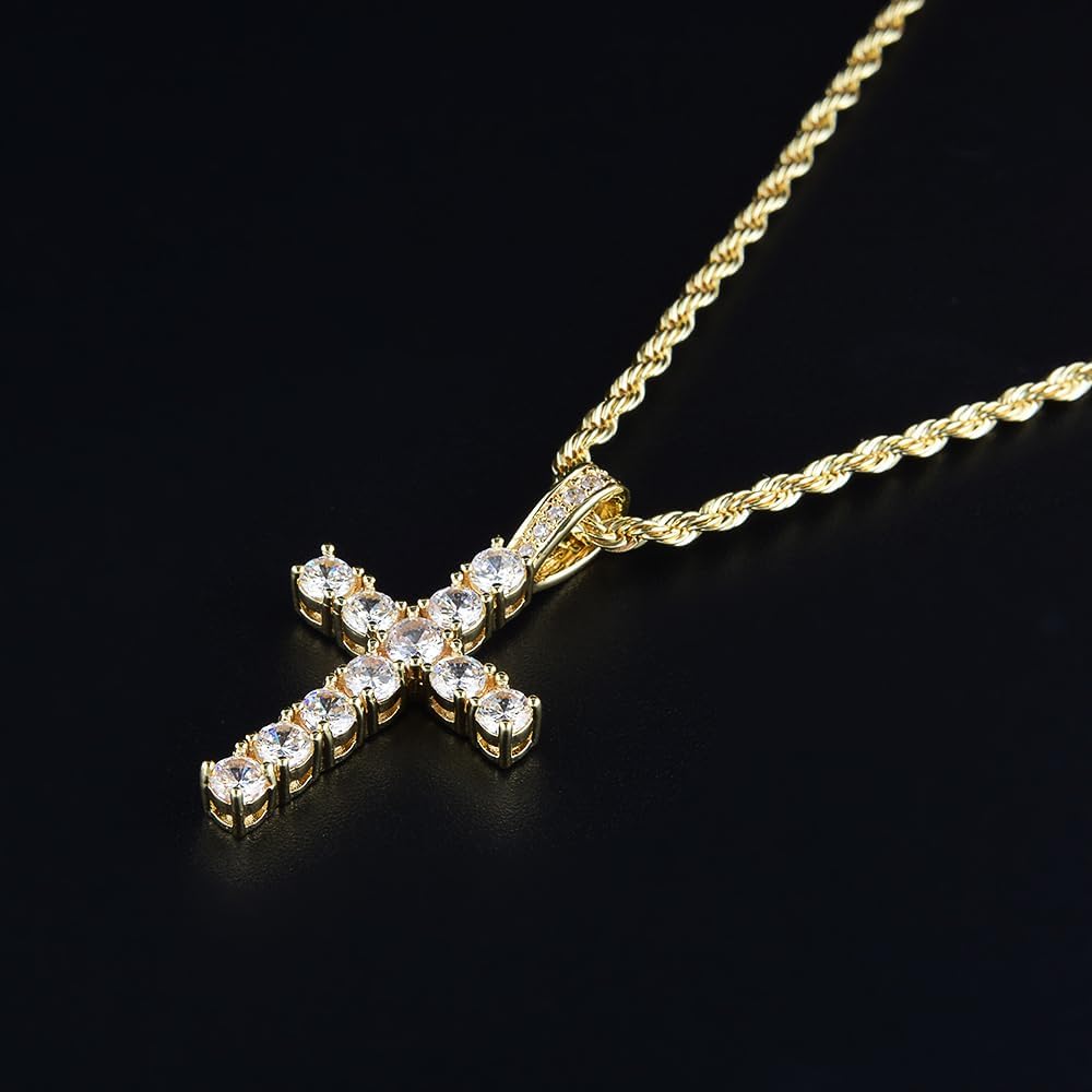 RIZILIA 18K Yellow Gold Plated Women's Cross Necklace, Round Cut CZ [Simulated White Topaz] Cross Pendant Necklace for Women with 24" Long Rope Chain, Trendy Jewelry Gift for Women