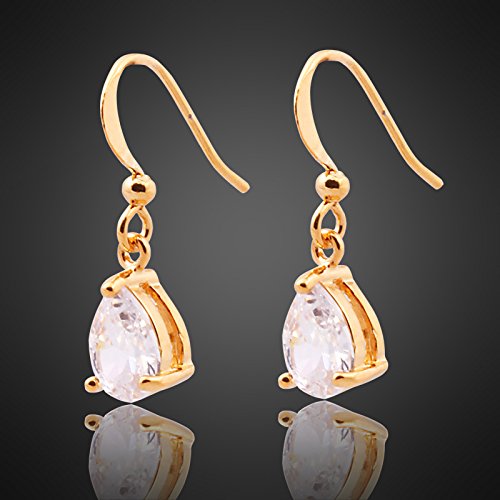 Dangle Drop Pierced Earrings with Pear Cut CZ in 18K Yellow Gold Plated, Simple Modern Elegant