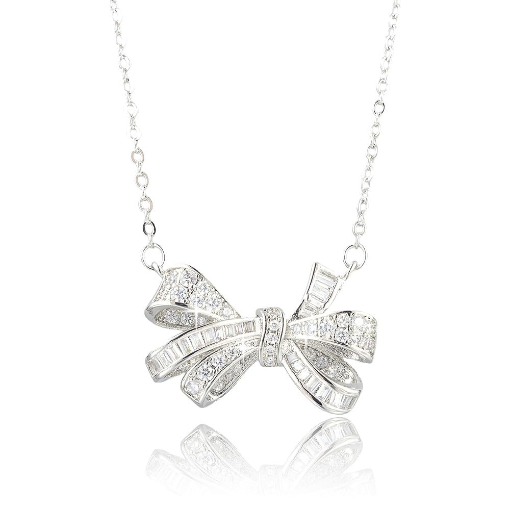 RIZILIA 18K White Gold Plated Cubic Zirconia Bow Pendant Necklace for Women | Elegant Diamond-Cut CZ Gemstone Jewelry | Trendy Bow Design, Gift for Her (Multiple Colors Available)