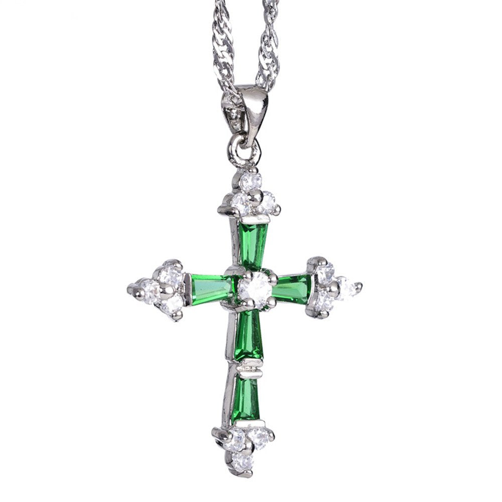 RIZILIA Cross Pendant with 18" Chain & Trapezoid Round Cut CZ [Multi-color] in White Gold Plated, Simple Modern Elegant