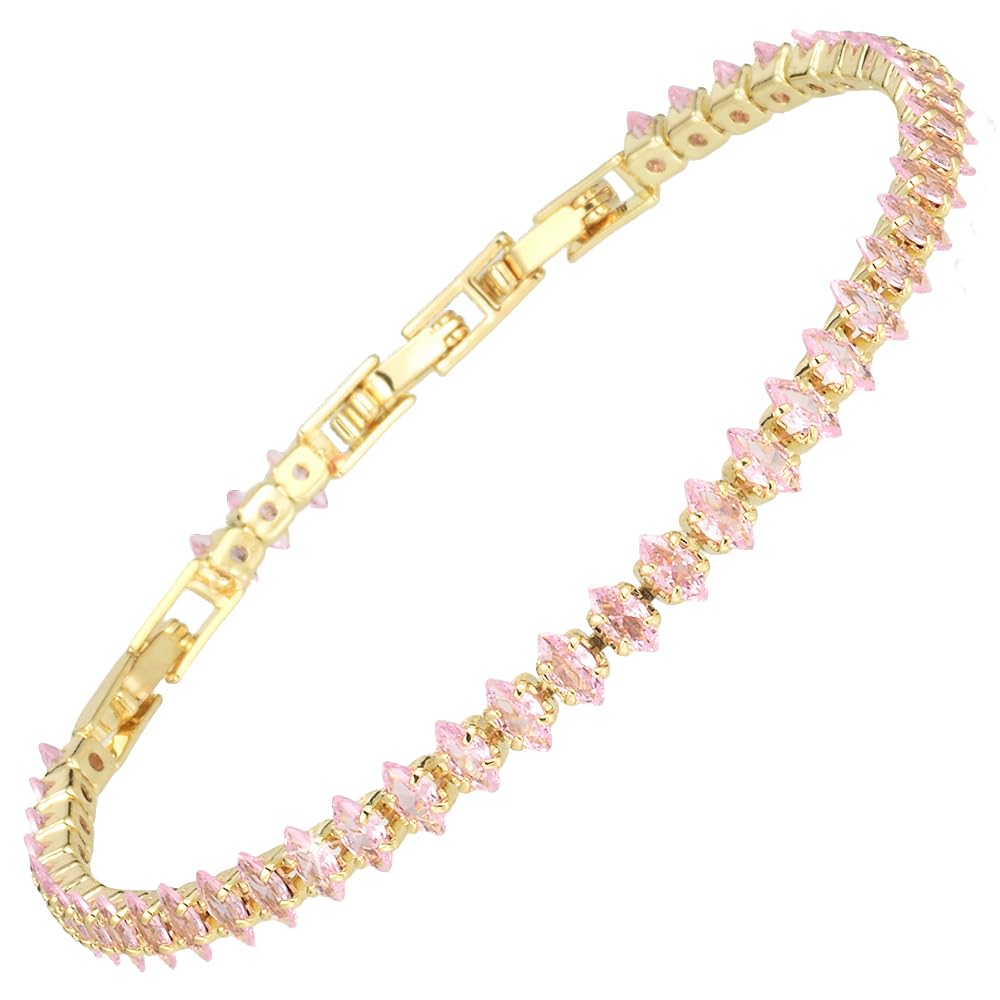 RIZILIA Not-Your-Basic Minimalist to Statement Tennis Bracelet for Women - Round/Marquise/Princess Gemstone CZ in Multi Colors, 14K Gold Plated, 6.5" Base with 0.5"/1" Extenders to 7-7.5"