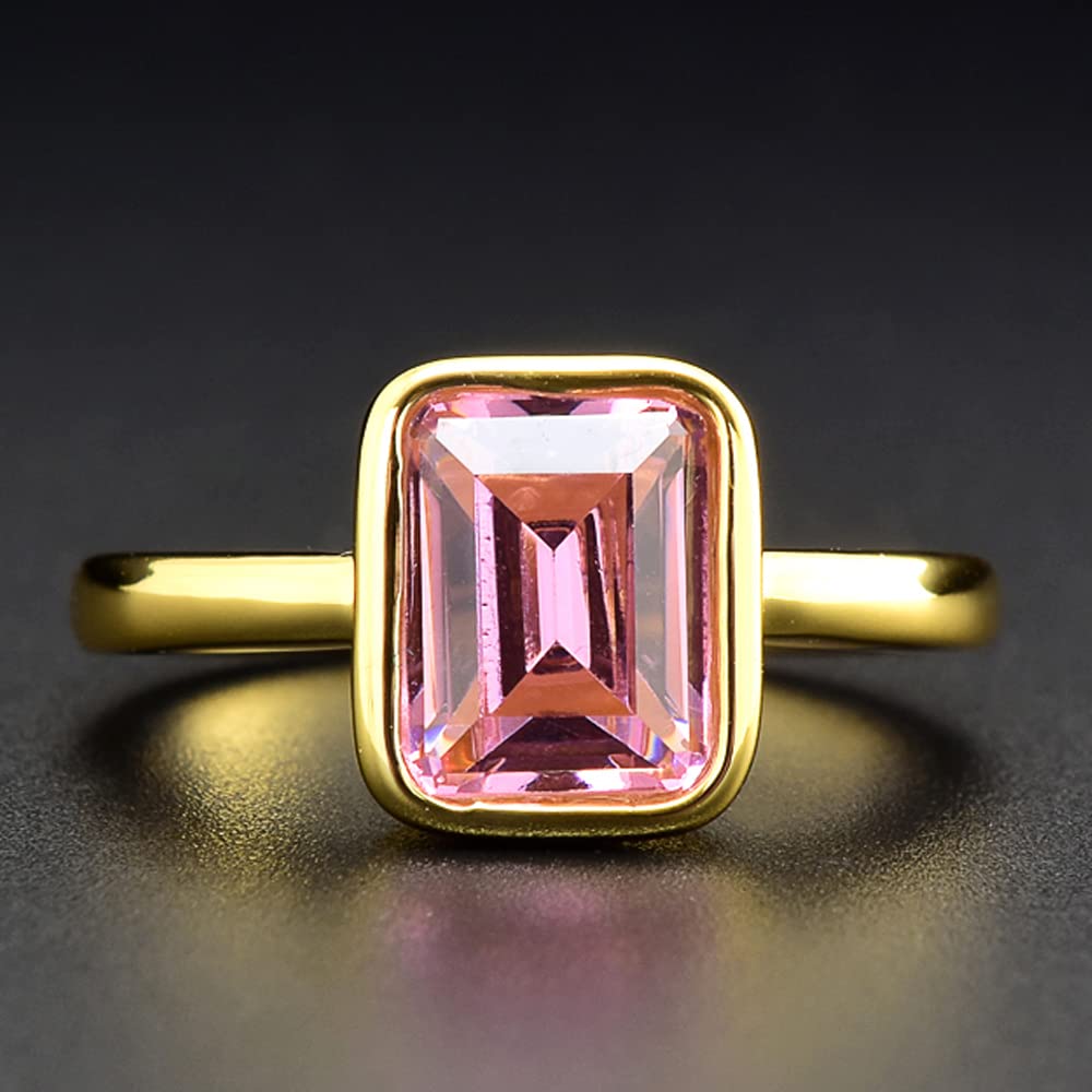 RIZILIA CELEBOX Solitaire Engagement Ring with Emerald Cut Gemstones CZ [6 Colors available] in Yellow Gold Plated, Celebrity inspired by Angelina Jolie