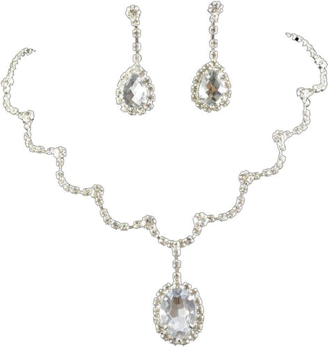 RIZILIA Jewelry Set Necklace & Drop Earrings Oval Cut Crystal [Simulated White Topaz] in White Gold Plated, Simple Modern Elegant