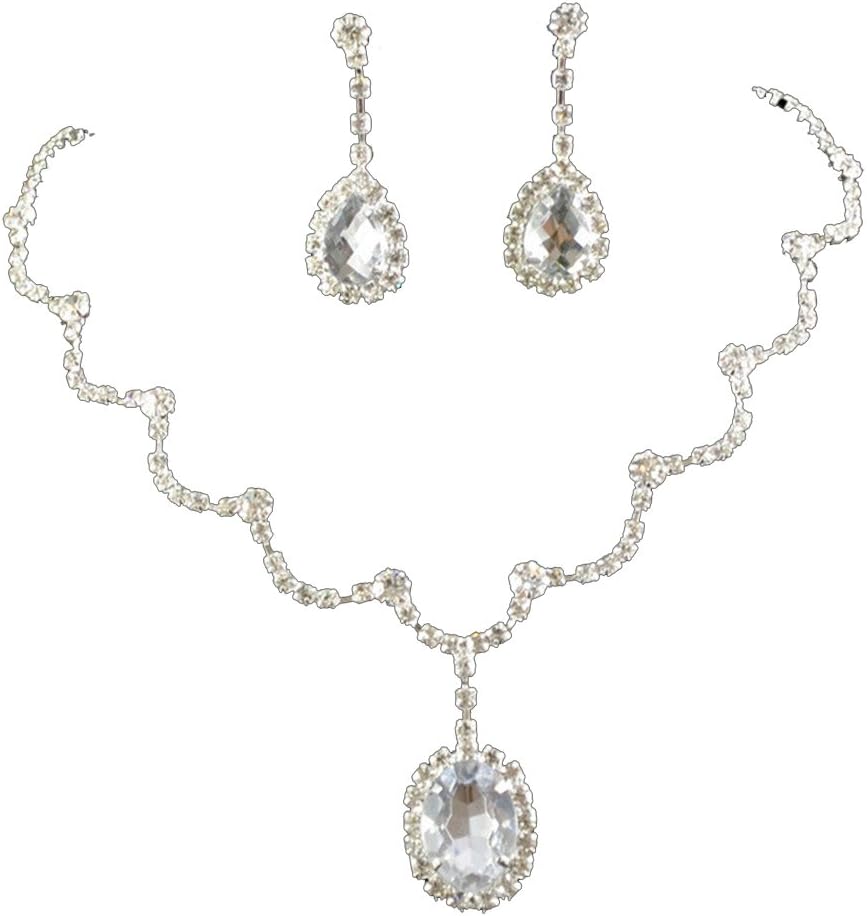 RIZILIA Jewelry Set Necklace & Drop Earrings Oval Cut Crystal [Simulated White Topaz] in White Gold Plated, Simple Modern Elegant