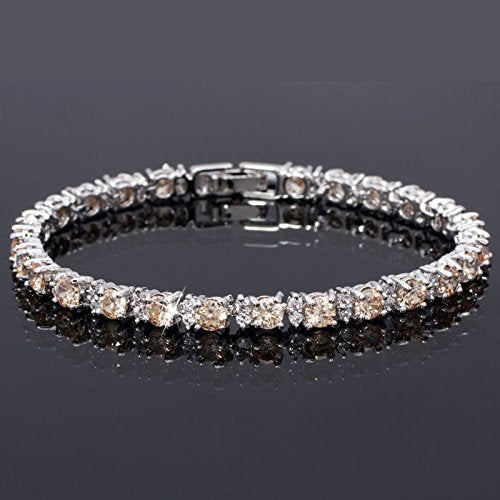 RIZILIA Round Multi-Color CZ Birthstone White Gold Plated Tennis Bracelet, 7"