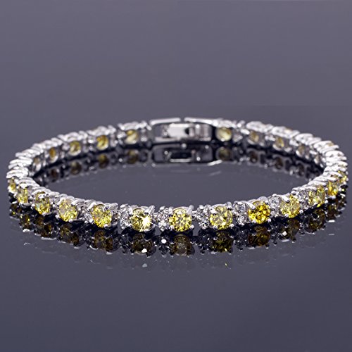 RIZILIA Round Multi-Color CZ Birthstone White Gold Plated Tennis Bracelet, 7"