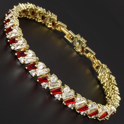 RIZILIA Prism Tennis Bracelet for Women with Tapered Baguette Cut CZ Simulated Diamond Multi Colors Birthstone in 14K Yellow Gold Plated, 7 + 1 inch Bracelet Extender