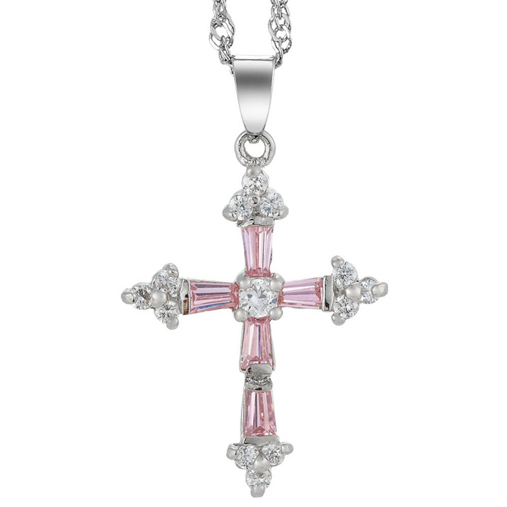 RIZILIA Cross Pendant with 18" Chain & Trapezoid Round Cut CZ [Multi-color] in White Gold Plated, Simple Modern Elegant