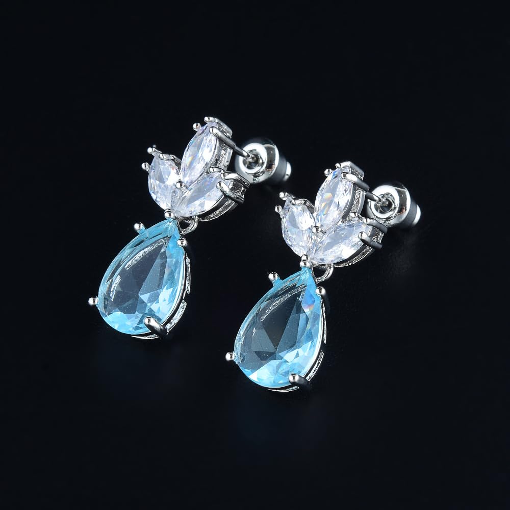 RIZILIA BLOSSOM 18K White Gold Plated Flower Earrings for Women, Pear Cut CZ [Multi Colors Available] Floral Dangle Earrings, Trendy Jewelry Gift for Women