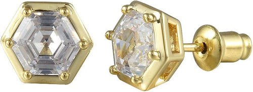 [RIZILIA BEEHIVE] Hexagon Pierced Stud Earrings with Custom-Cut 2CT 6mm Gemstone [White Cubic Zirconia] in 18K Gold Plated