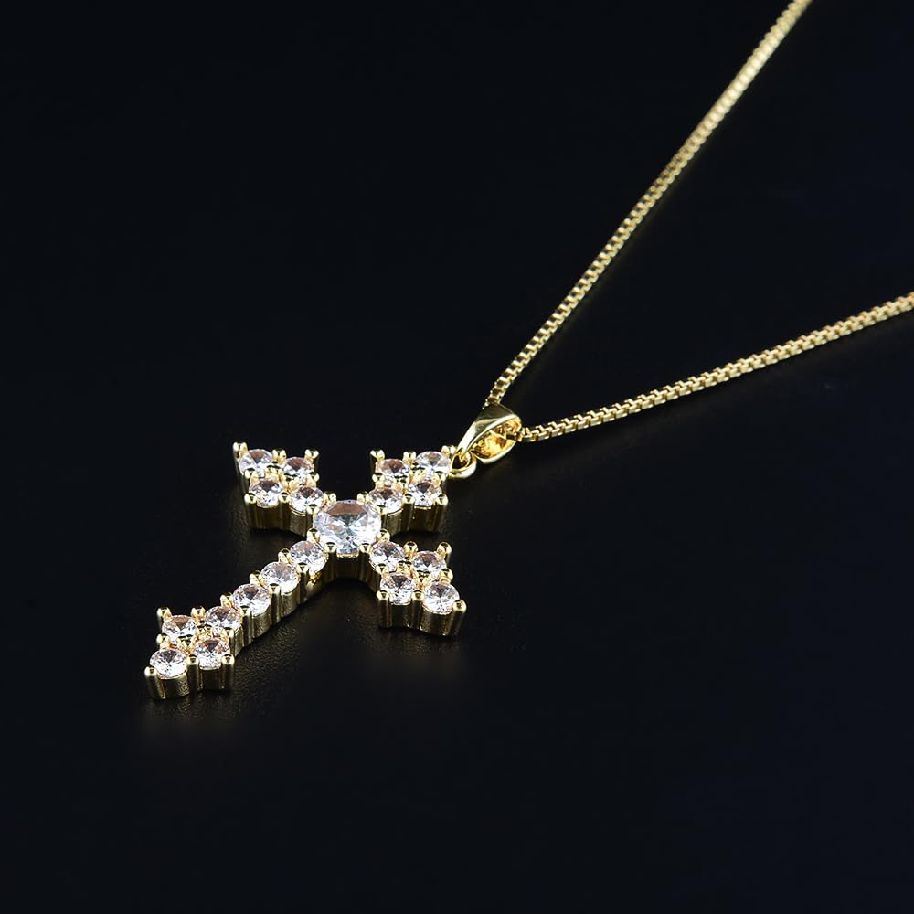 RIZILIA 18K Yellow Gold Plated Women's Cross Necklace, Round Cut CZ [Multiple Colors Available] Cross Pendant Necklace for Women, Trendy Jewelry Gift for Women