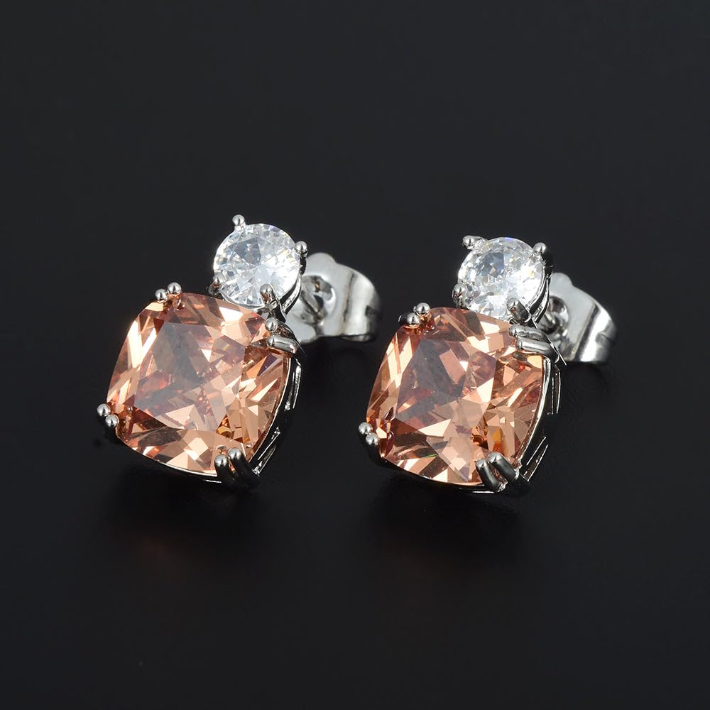 [RIZILIA CLASSIC] Stud Pierced Earrings with Cushion Cut Gemstones CZ [Multi-Colors available] in 18K White Gold Plated, Simple Modern Elegant