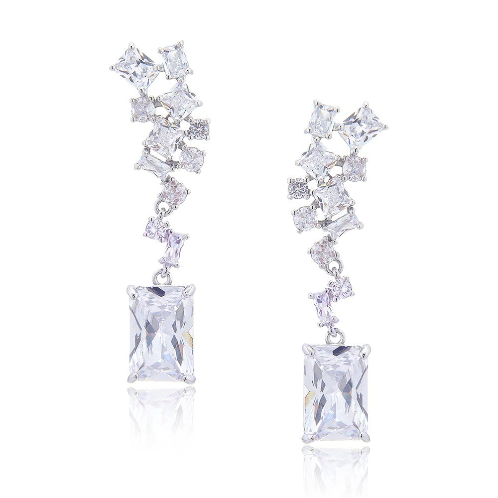 RIZILIA BLOSSOM 18K White Gold Plated Flower Earrings for Women, Lightweight Pierced CZ Floral Dangle Earrings, Trendy Jewelry Gift for Women