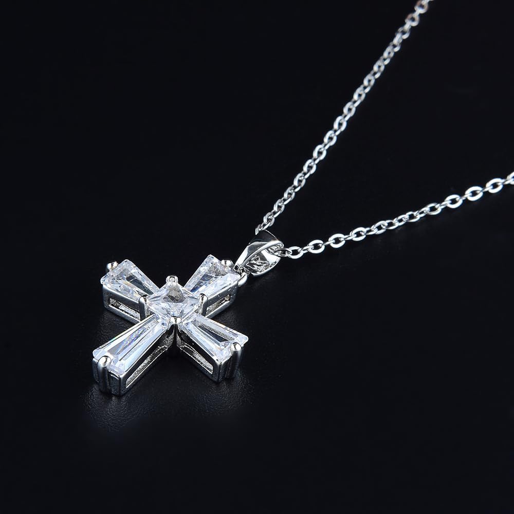 RIZILIA 18K White Gold Plated Women's Cross Necklace, Tapered Baguette Cut CZ [Simulated White Topaz] Dainty Cross Pendant Necklace for Women, Trendy Jewelry Gift for Women