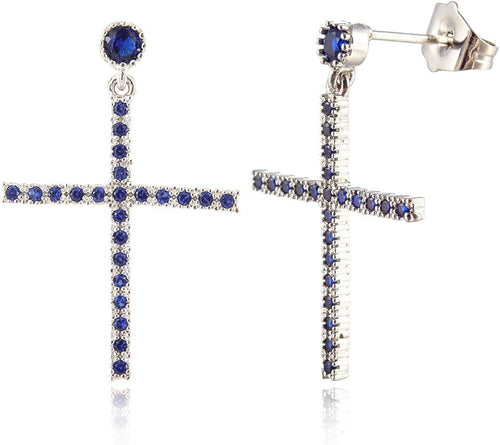 [RIZILIA CROSS] Dangle Drop Pierced Earrings with Round Cut Gemstones CZ [Multi-Colors available] in 18K White Gold Plated, Simple Modern Elegant