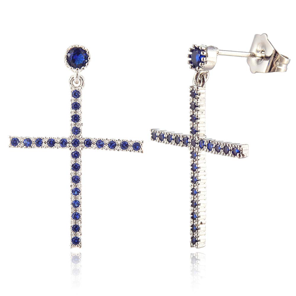 [RIZILIA CROSS] Dangle Drop Pierced Earrings with Round Cut Gemstones CZ [Multi-Colors available] in 18K White Gold Plated, Simple Modern Elegant