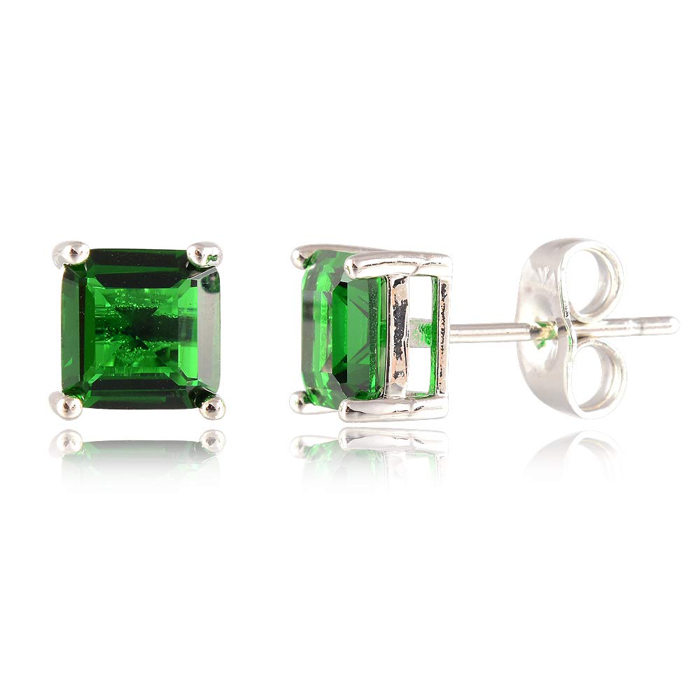 [RIZILIA CLASSIC] Stud Pierced Earrings with Square Emerald Cut Gemstones CZ [Multi-Colors available] in 18K White Gold Plated, Simple Modern Elegant