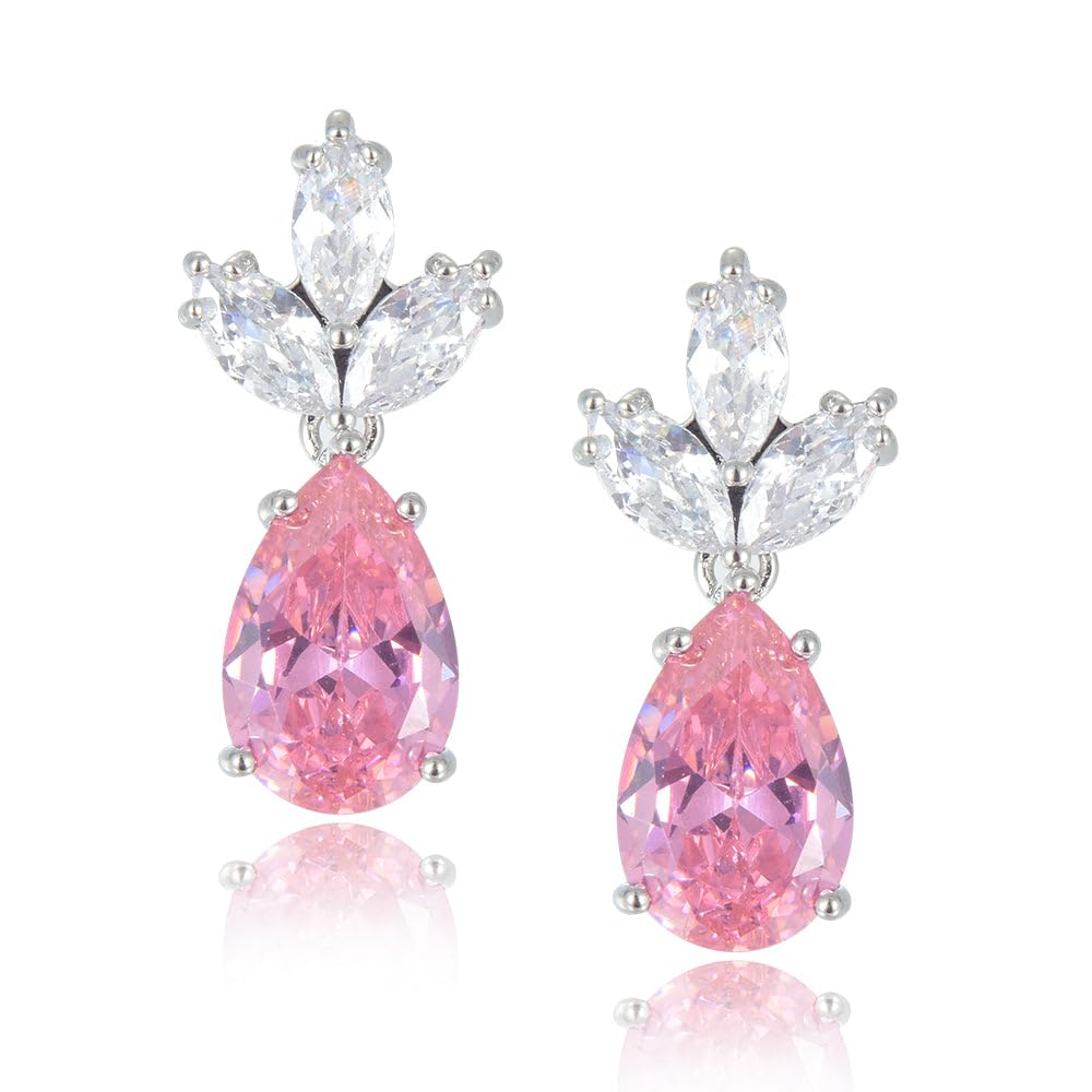 RIZILIA BLOSSOM 18K White Gold Plated Flower Earrings for Women, Pear Cut CZ [Multi Colors Available] Floral Dangle Earrings, Trendy Jewelry Gift for Women