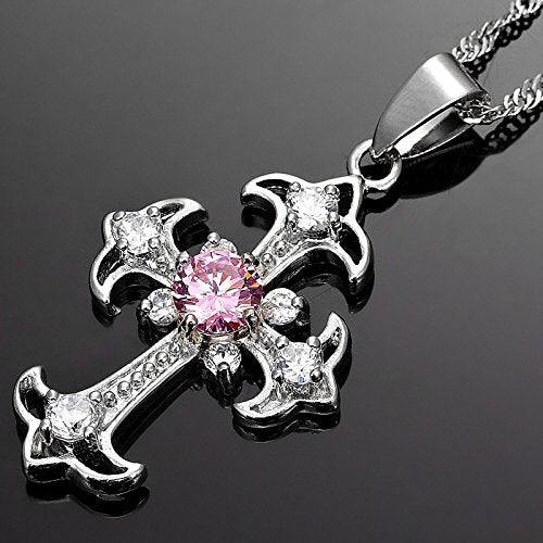 RIZILIA Cross Pendant with 18" Chain & Round Cut CZ [5 Colors available] in White Gold Plated, Simple Modern Elegant