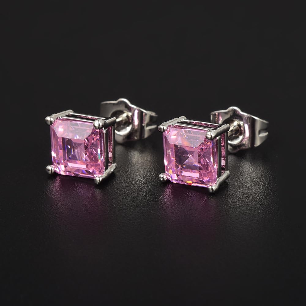 [RIZILIA CLASSIC] Stud Pierced Earrings with Square Emerald Cut Gemstones CZ [Multi-Colors available] in 18K White Gold Plated, Simple Modern Elegant