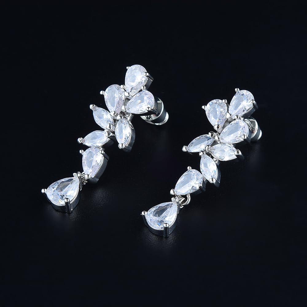 RIZILIA BLOSSOM 18K White Gold Plated Flower Earrings for Women, Lightweight Pierced CZ Floral Dangle Earrings, Trendy Jewelry Gift for Women