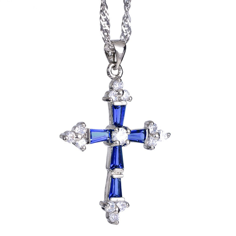RIZILIA Cross Pendant with 18" Chain & Trapezoid Round Cut CZ [Multi-color] in White Gold Plated, Simple Modern Elegant