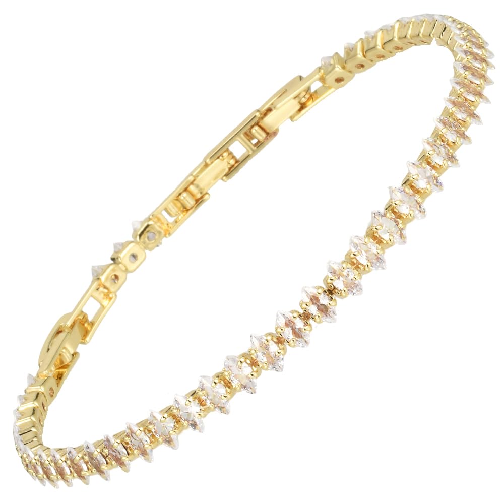 RIZILIA Not-Your-Basic Minimalist to Statement Tennis Bracelet for Women - Round/Marquise/Princess Gemstone CZ in Multi Colors, 14K Gold Plated, 6.5" Base with 0.5"/1" Extenders to 7-7.5"