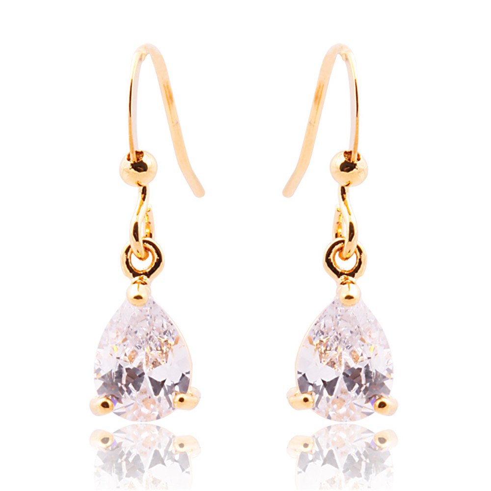 Dangle Drop Pierced Earrings with Pear Cut CZ in 18K Yellow Gold Plated, Simple Modern Elegant