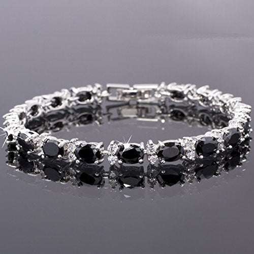 RIZILIA Oval Cut Multi-Color CZ Birthstone 18K White Gold Plated Tennis Bracelet, 7"