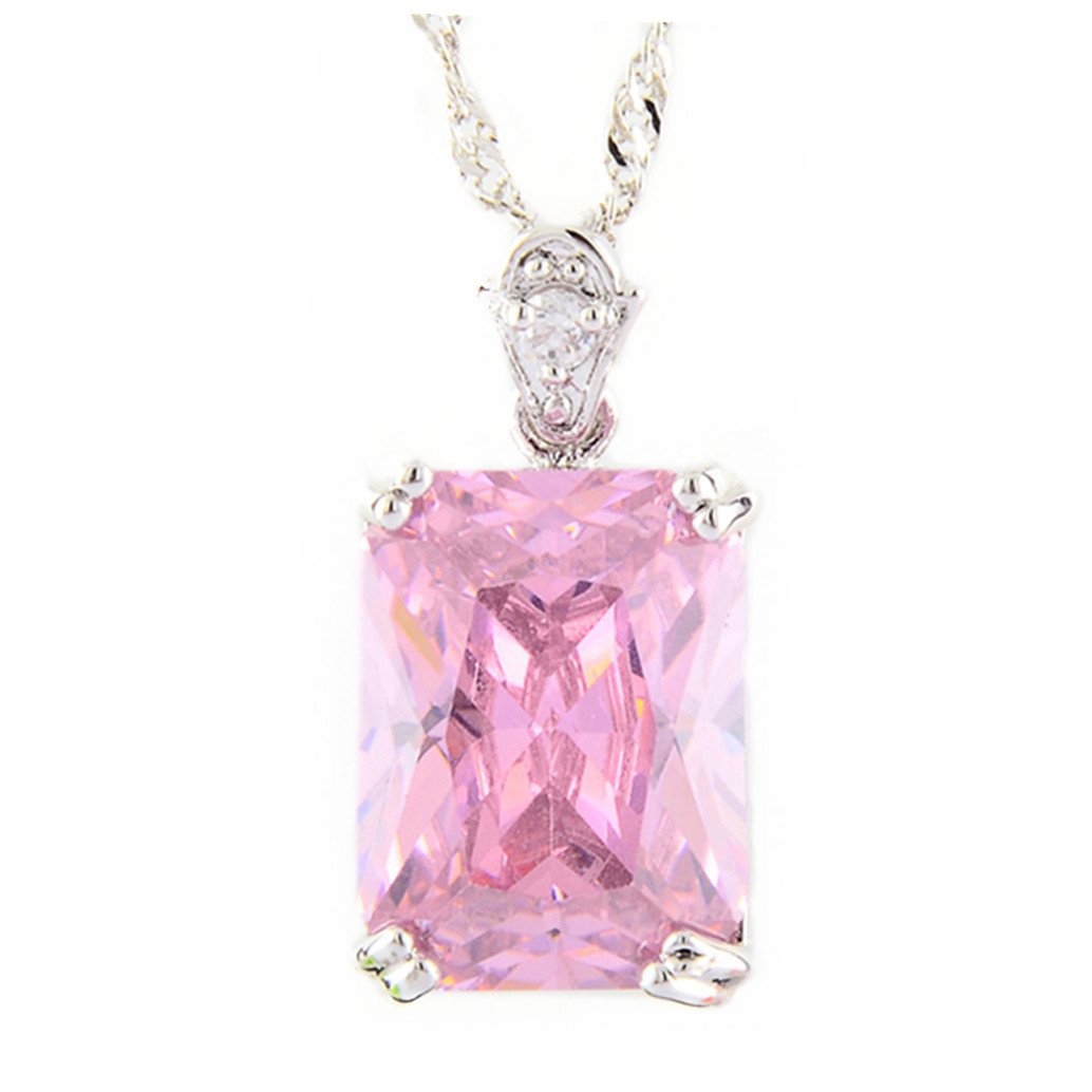RIZILIA Pendant with 18" Chain & Rectangular Cut CZ [5 Colors available] in White Gold Plated, Simple Modern Elegant