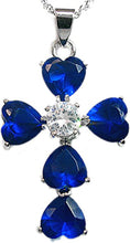 Cargar imagen en el visor de la galería, RIZILIA Cross Pendant with 18&quot; Chain &amp; Heart Cut CZ [Simulated Blue Sapphire] in White Gold Plated, Simple Modern Elegant
