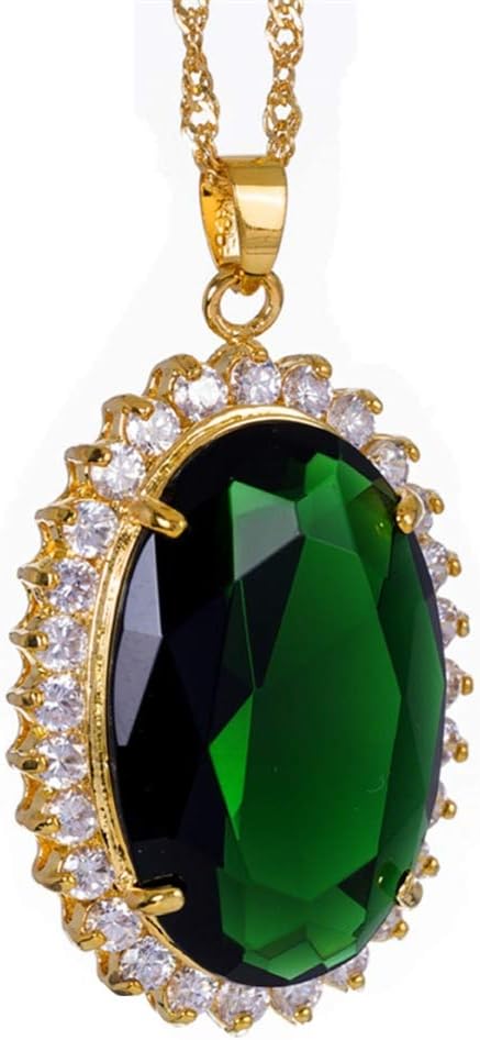 RIZILIA Lady Fashion Jewellry 1 Oval Cut Green Emerald Gem Gold Tone Pendant Necklace