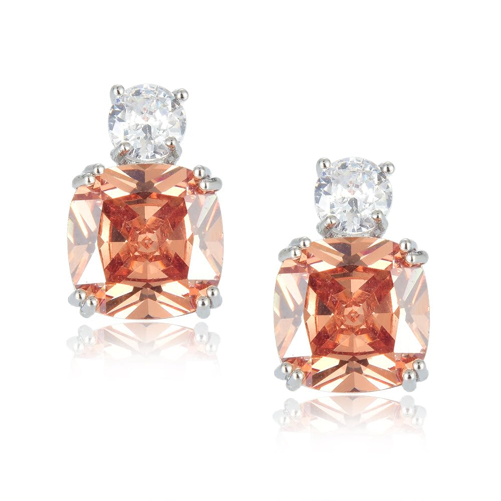 [RIZILIA CLASSIC] Stud Pierced Earrings with Cushion Cut Gemstones CZ [Multi-Colors available] in 18K White Gold Plated, Simple Modern Elegant