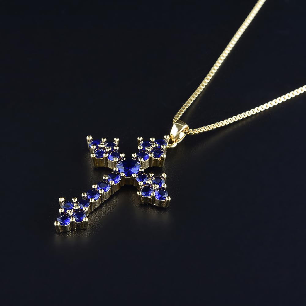 RIZILIA 18K Yellow Gold Plated Women's Cross Necklace, Round Cut CZ [Multiple Colors Available] Cross Pendant Necklace for Women, Trendy Jewelry Gift for Women