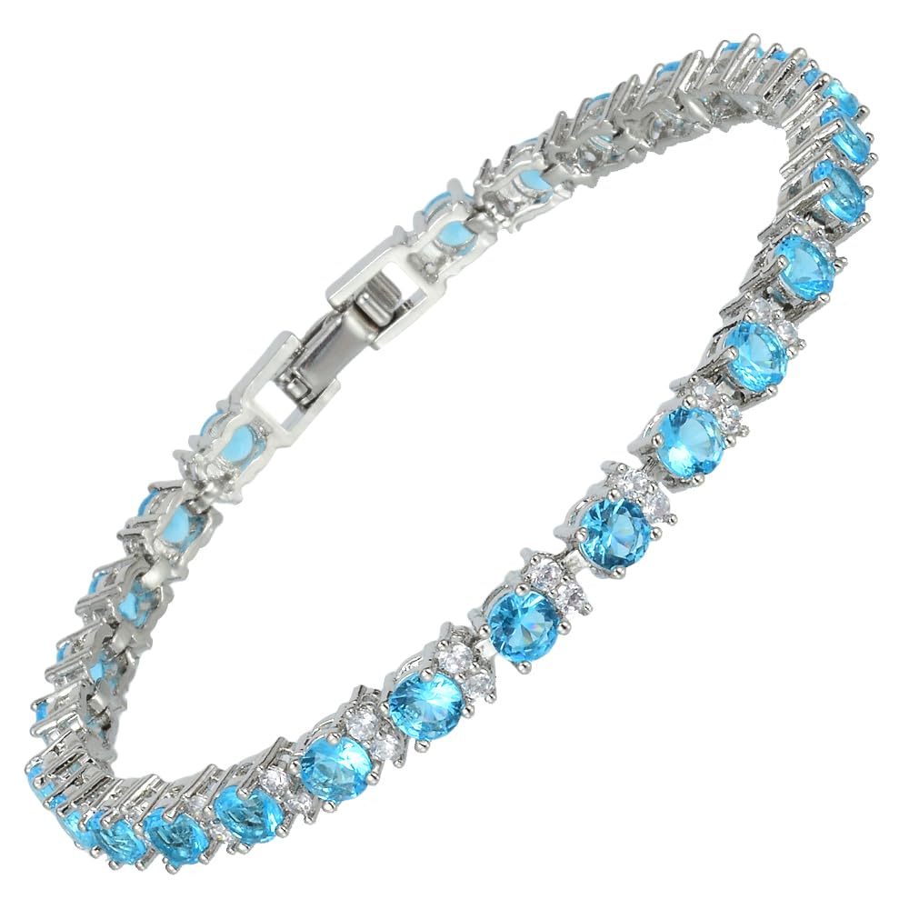 RIZILIA Round Multi-Color CZ Birthstone White Gold Plated Tennis Bracelet, 7"