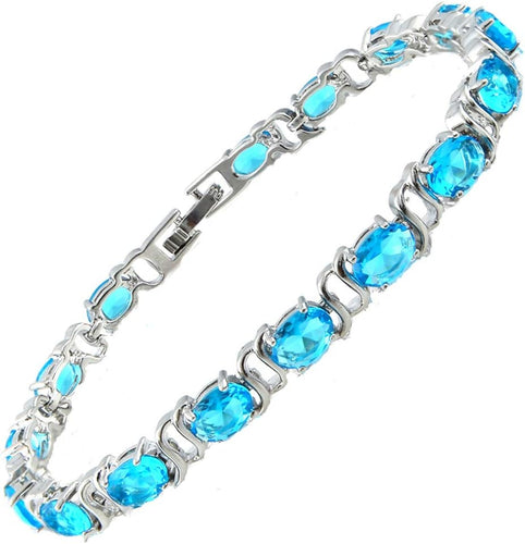 RIZILIA Oval Cut Multi-Color CZ 18K White Gold Plated Tennis Bracelet, 7