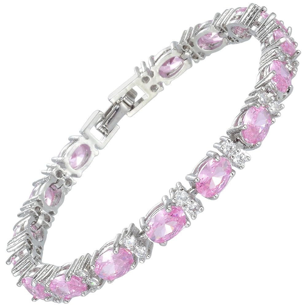 RIZILIA Oval Cut Multi-Color CZ Birthstone 18K White Gold Plated Tennis Bracelet, 7"