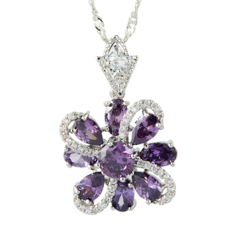 RIZILIA BLOSSOM Pendant with 18" Chain & Round Cut CZ [4 Colors available] in White Gold Plated, Simple Modern Elegant