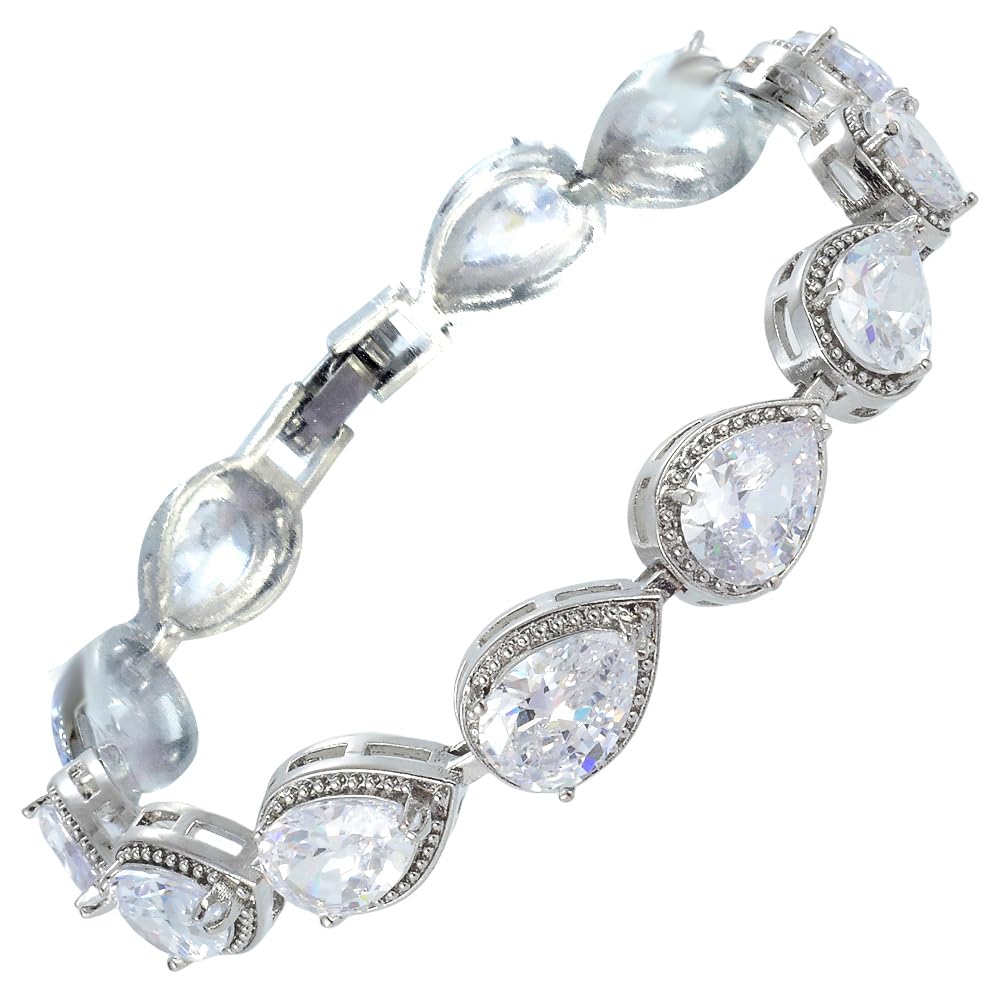 RIZILIA Tennis Bracelet & Pear Cut CZ [4 Colors Available] in White Gold Plated, 7"