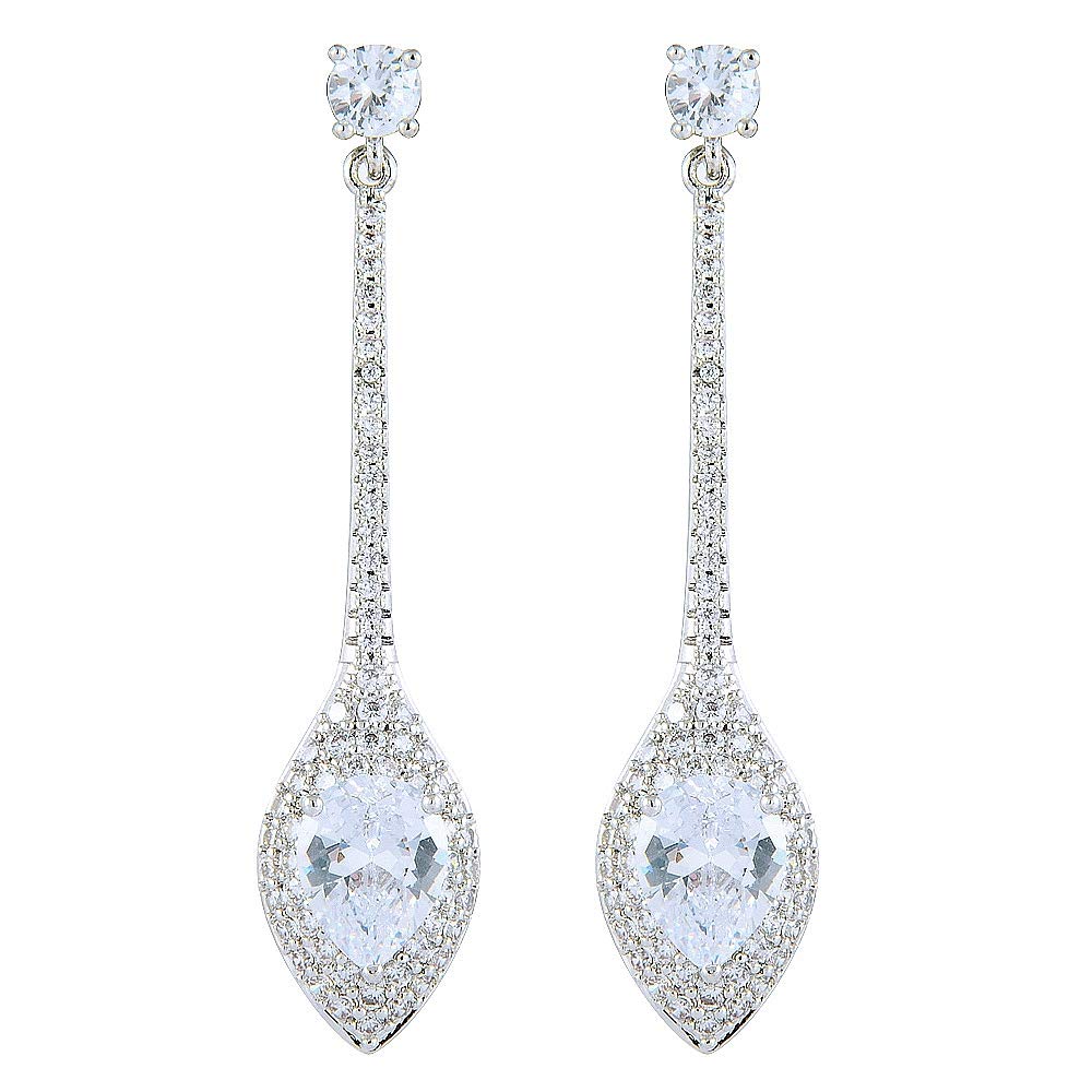 RIZILIA Dangle Drop Pierced Earrings with Pear Cut CZ [White Cubic Zirconia] in White Gold Plated, Simple Modern Elegant