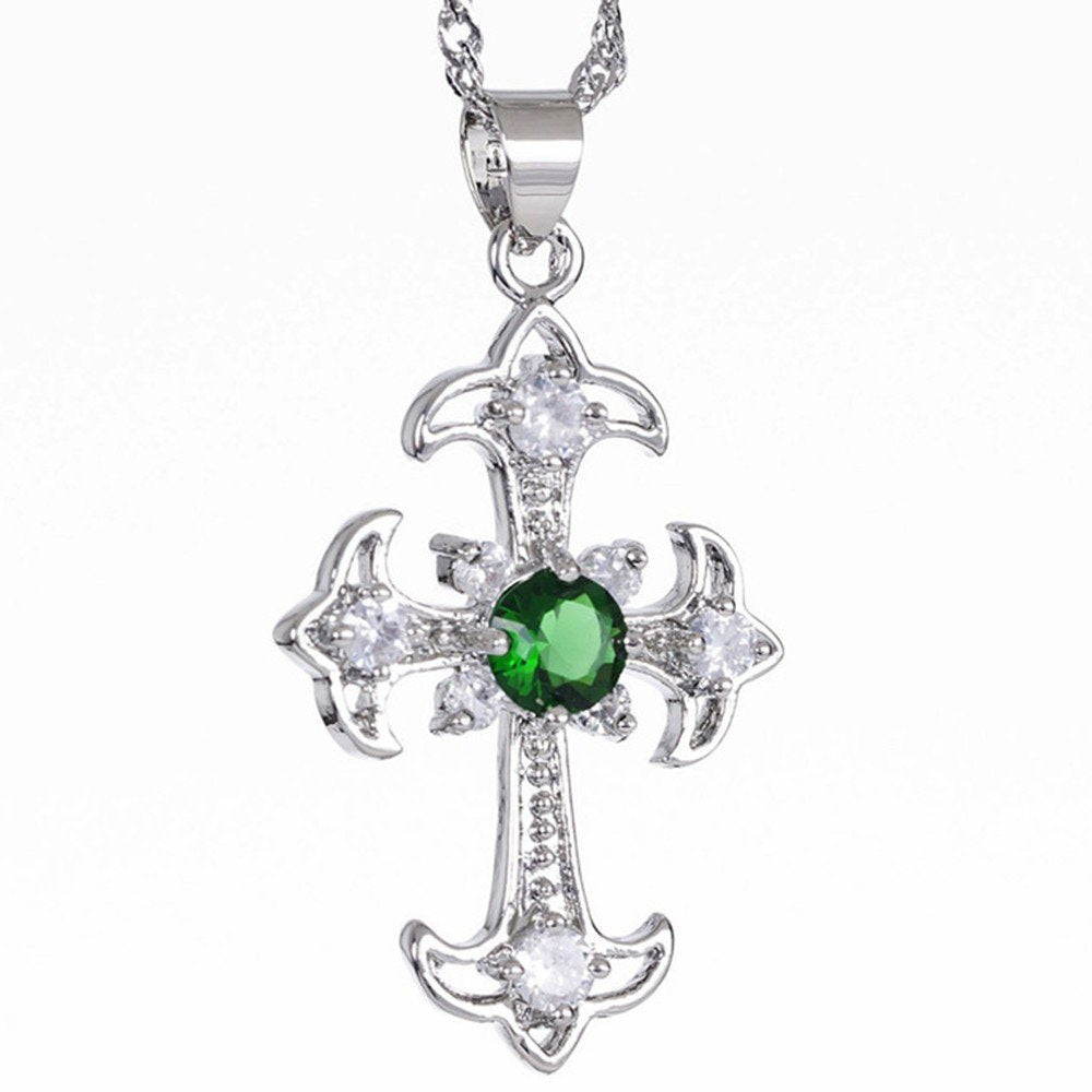 RIZILIA Cross Pendant with 18" Chain & Round Cut CZ [5 Colors available] in White Gold Plated, Simple Modern Elegant