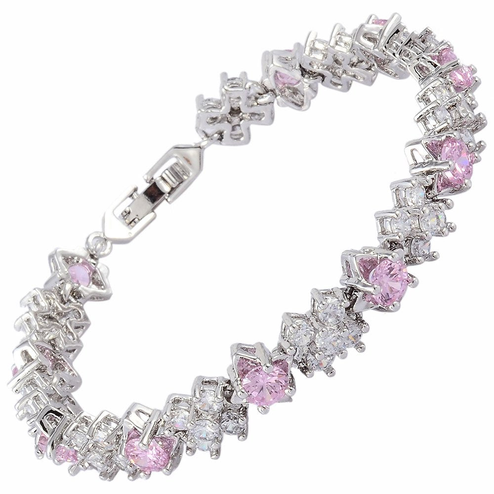 RIZILIA BLOSSOM Tennis Bracelet & Round Cut CZ [6 Colors available] in White Gold Plated, 7"