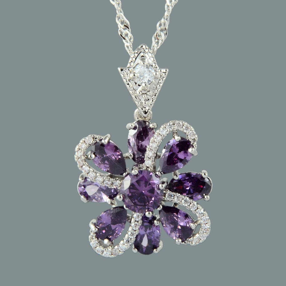 RIZILIA BLOSSOM Pendant with 18" Chain & Round Cut CZ [4 Colors available] in White Gold Plated, Simple Modern Elegant