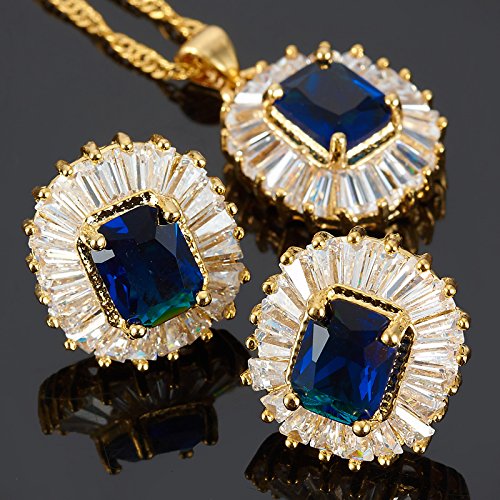 RIZILIA Jewelry Set Pendant with 18" Chain & Stud Earrings Rectangular Cut CZ [5 Colours available] in Yellow Gold Plated, Simple Modern Elegant