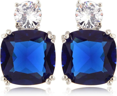 [RIZILIA CLASSIC] Stud Pierced Earrings with Cushion Cut Gemstones CZ [Multi-Colors available] in 18K White Gold Plated, Simple Modern Elegant