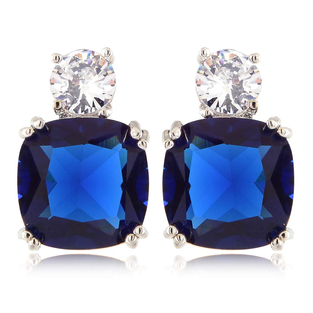 [RIZILIA CLASSIC] Stud Pierced Earrings with Cushion Cut Gemstones CZ [Multi-Colors available] in 18K White Gold Plated, Simple Modern Elegant