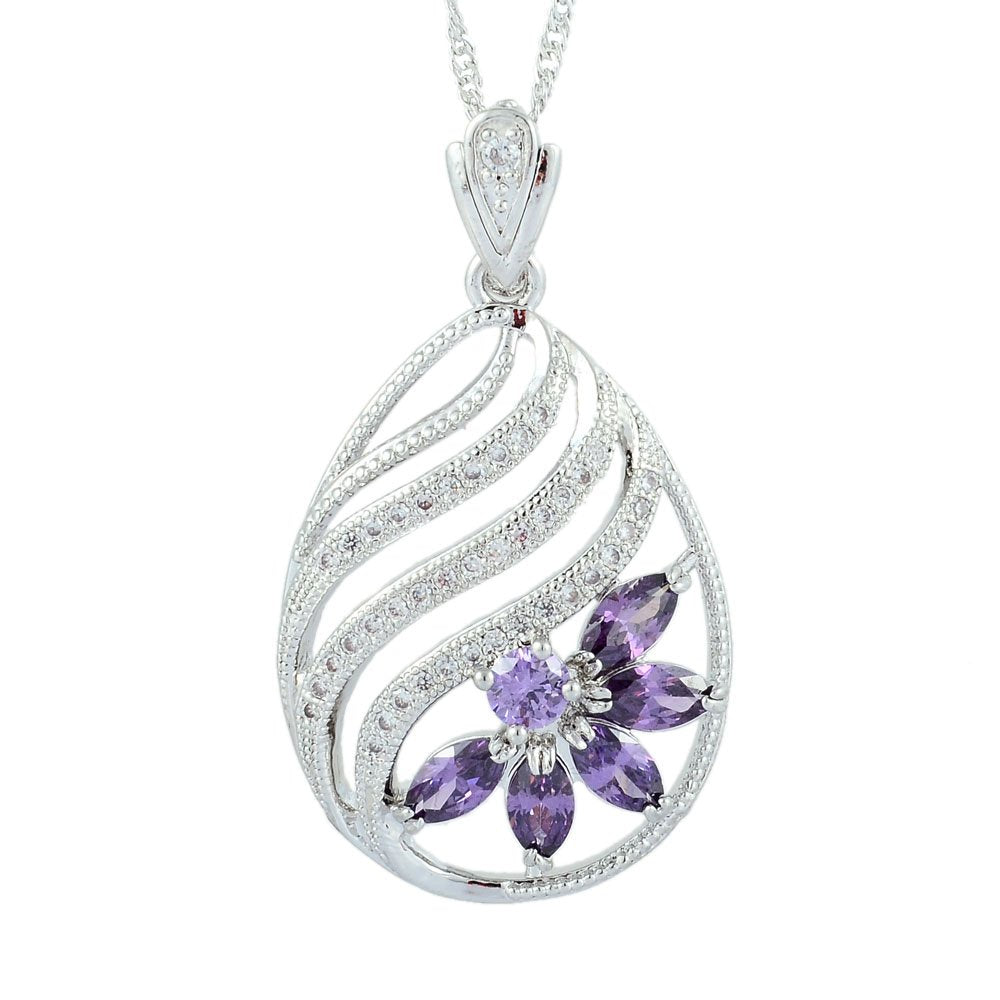 RIZILIA BLOSSOM Pendant with 18" Chain & Marquise Cut CZ [5 Colors available] in White Gold Plated, Simple Modern Elegant
