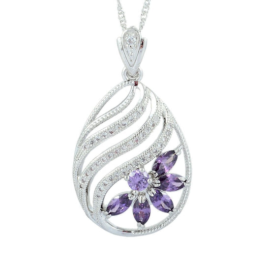 RIZILIA BLOSSOM Pendant with 18" Chain & Marquise Cut CZ [5 Colors available] in White Gold Plated, Simple Modern Elegant