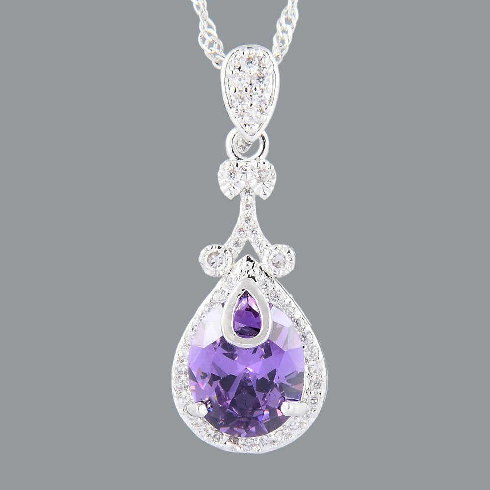 RIZILIA Pendant with 18" Chain & Oval Cut CZ [5 Colors available] in White Gold Plated, Simple Modern Elegant